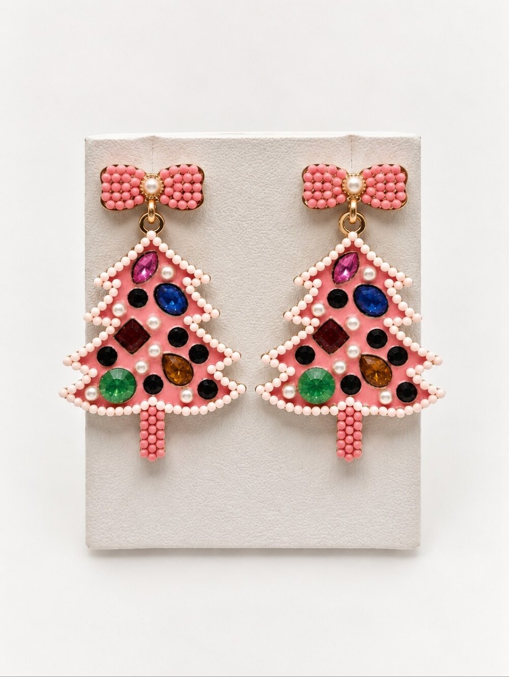 Pink Christmas Tree Earrings Bow Rhinestone Pearl Holiday Statement Dangle New